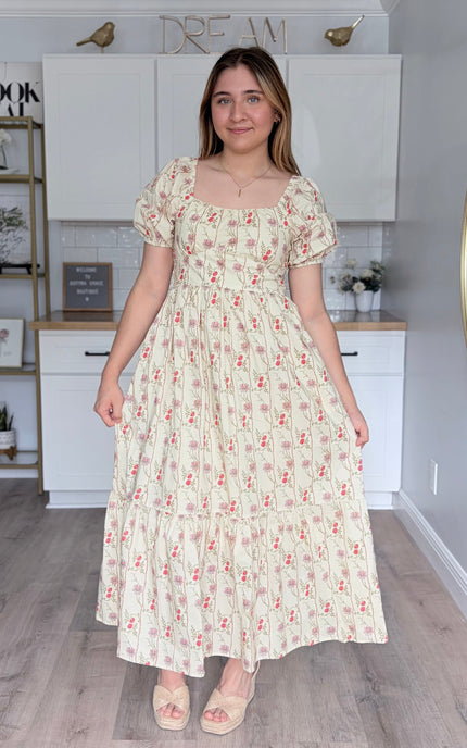 Floral cotton maxi dress with square neckline and smocked back bodice