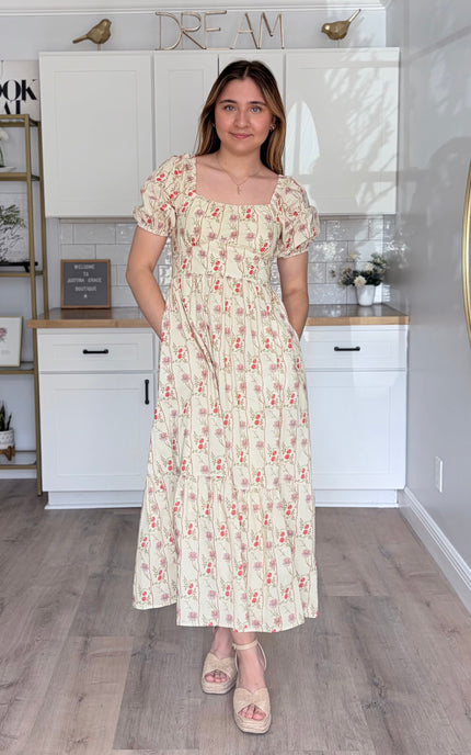 Breathable cotton maxi dress with soft floral print and side pockets