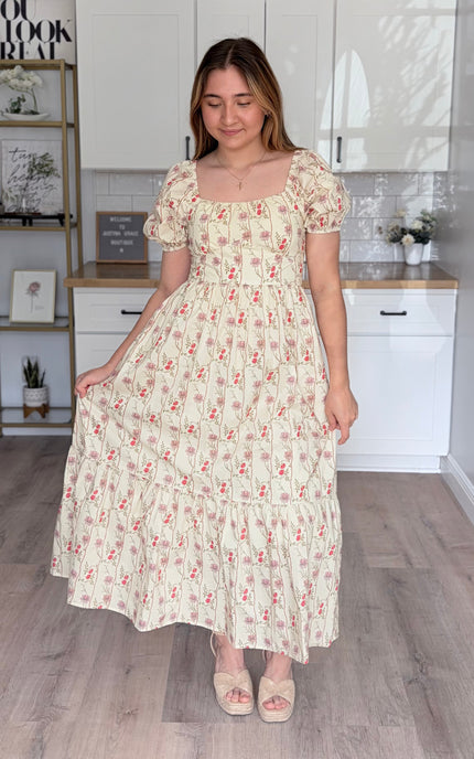 Floral cotton maxi dress with square neckline and smocked back bodice