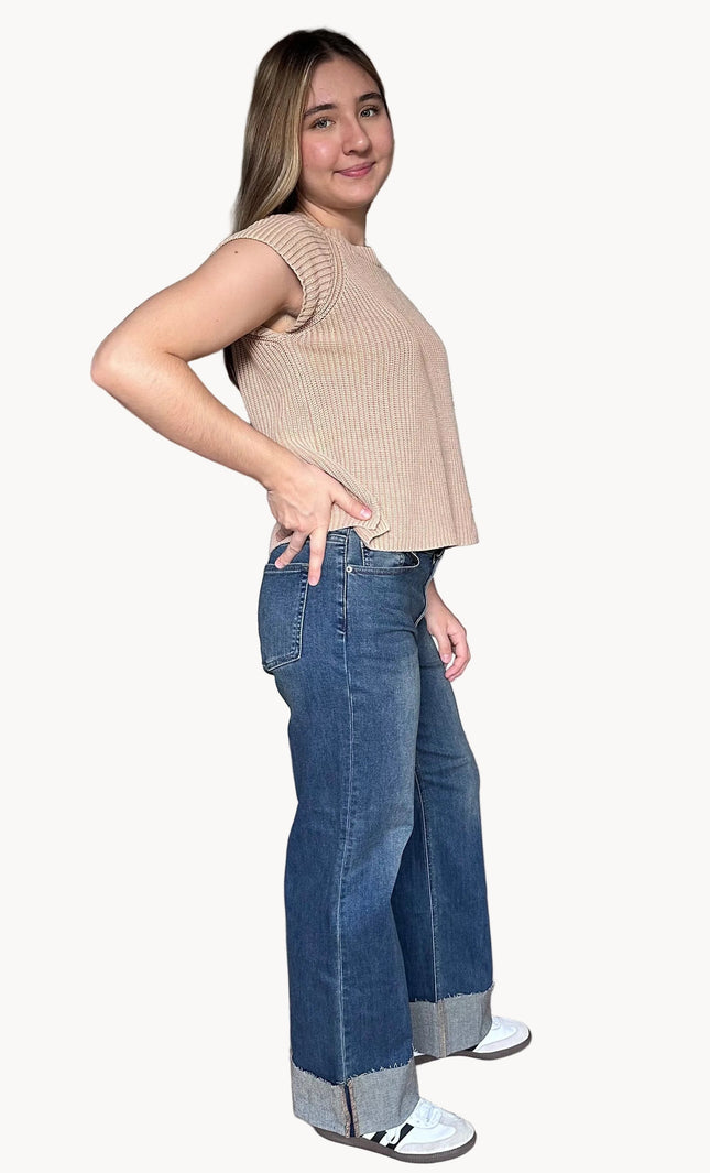 Camille Cuffed Wide Ankle Jeans in vintage dark wash with high-rise fit