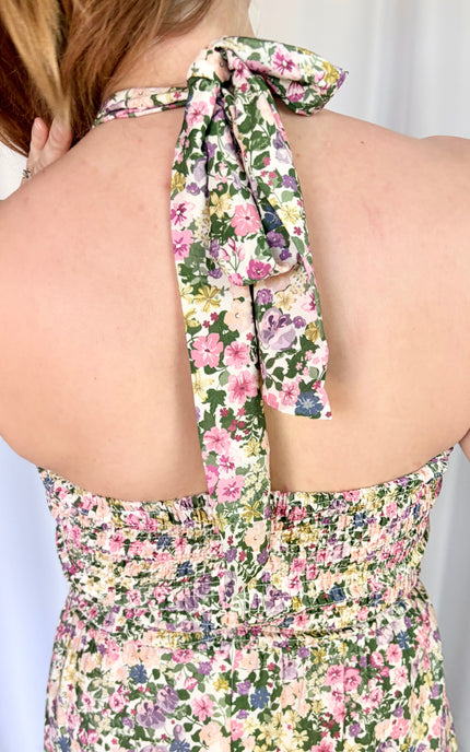High-detail shot of the premium floral Tencel-blend fabric on the Catalina Maxi Dress.