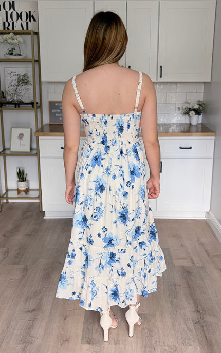 Back view of Cecelia cotton lace trim maxi dress with flowing tiered skirt