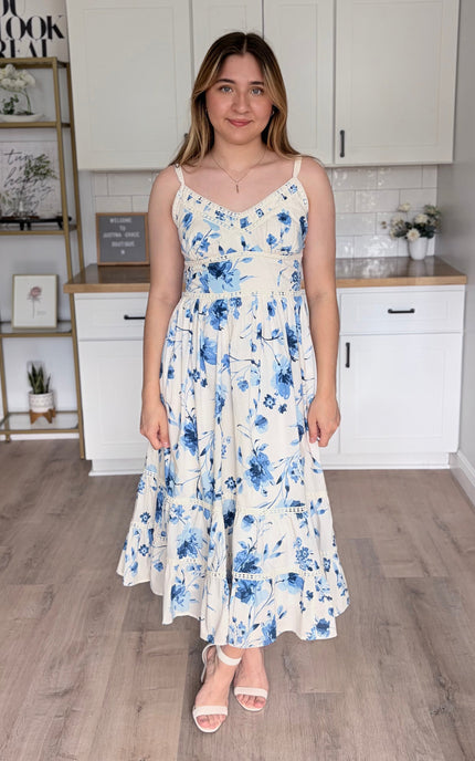 Cecelia lace trim maxi dress in breathable cotton with tiered skirt and romantic lace detail