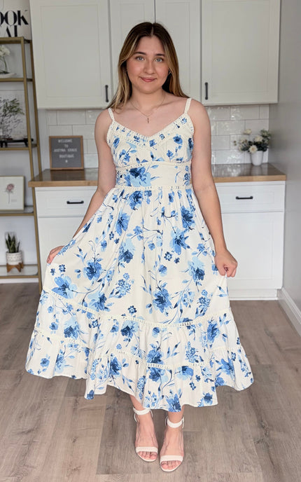 Cecelia lace trim maxi dress in breathable cotton with tiered skirt and romantic lace detail