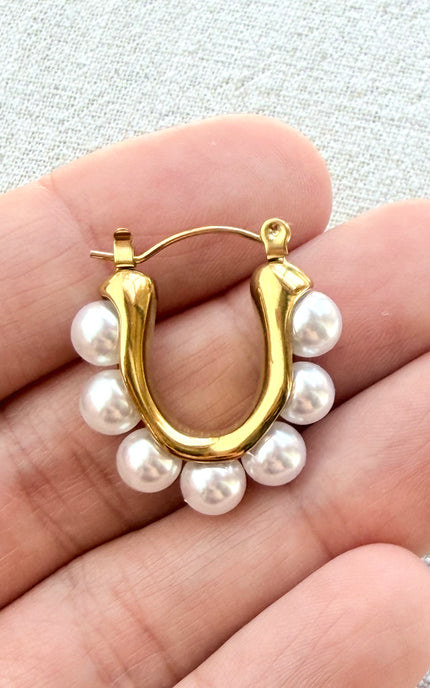 gold pearl hoop earrings minimal linen flat lay, feminine everyday jewelry