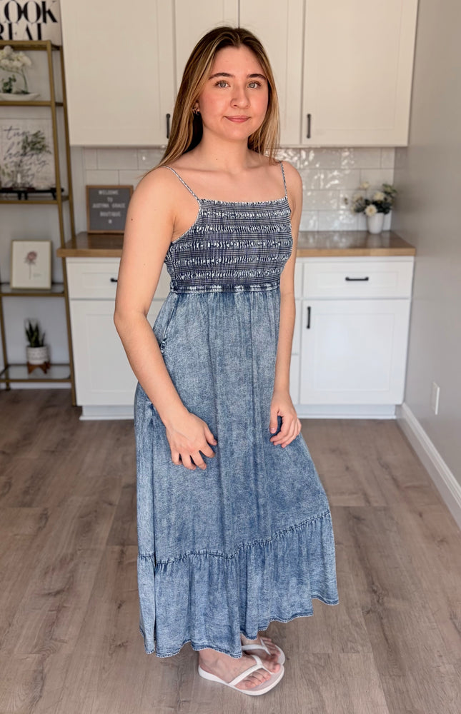 Model wearing Coastal Tencel midi dress with flowy tiered silhouette