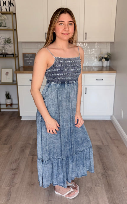 Model wearing Coastal Tencel midi dress with flowy tiered silhouette