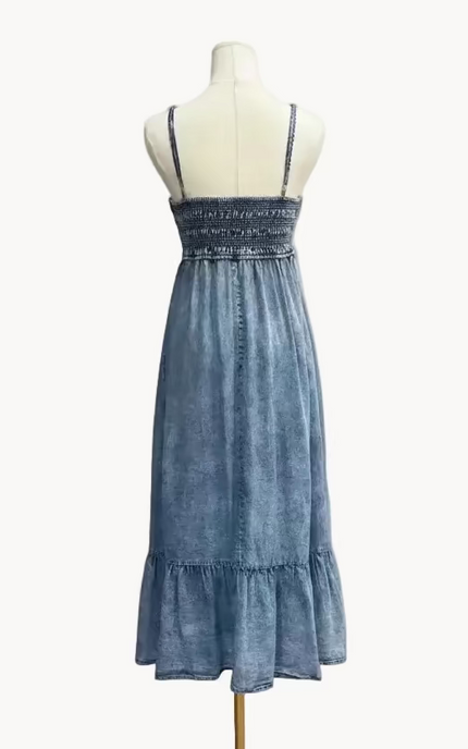 Coastal Tencel Midi Dress – washed blue Tencel midi with smocked bodice and ruffle hem – Justyna Grace Boutique