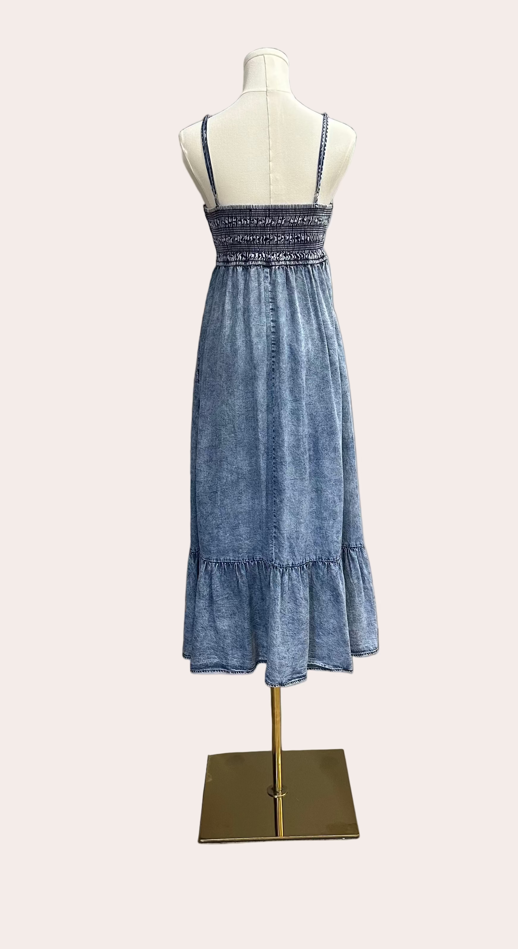 Coastal Tencel Midi Dress – washed blue Tencel midi with smocked bodice and ruffle hem – Justyna Grace Boutique