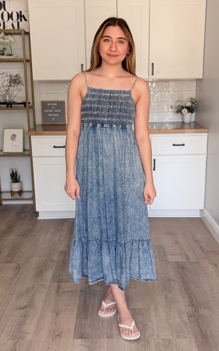 Model wearing Coastal Tencel midi dress with flowy tiered silhouette