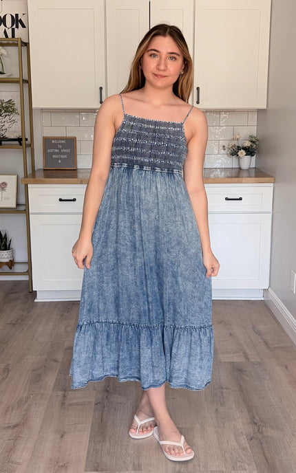 Coastal 100 percent Tencel midi dress with smocked bodice and tiered skirt