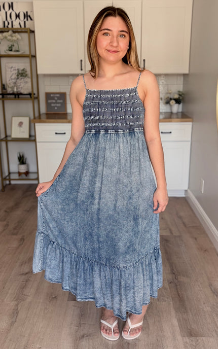 Coastal 100 percent Tencel midi dress with smocked bodice and tiered skirt