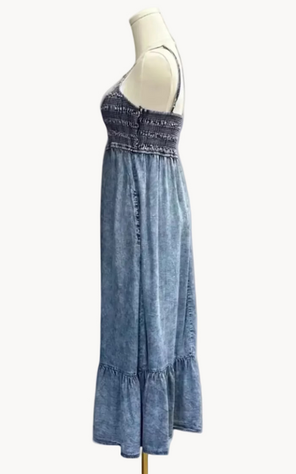Coastal Tencel Midi Dress – washed blue Tencel midi with smocked bodice and ruffle hem – Justyna Grace Boutique