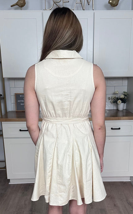 Elastic back waistband on Colette linen mini dress
