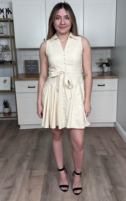 Lapel collar neckline on Colette linen mini dress