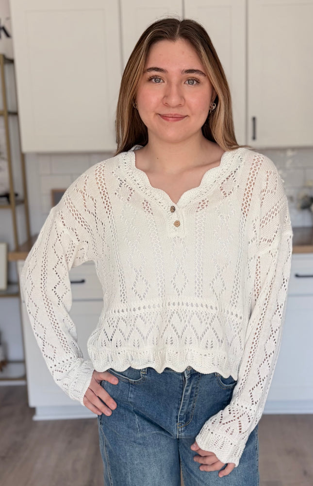 Cotton blend crochet sweater top with open stitch knit and scalloped edges
