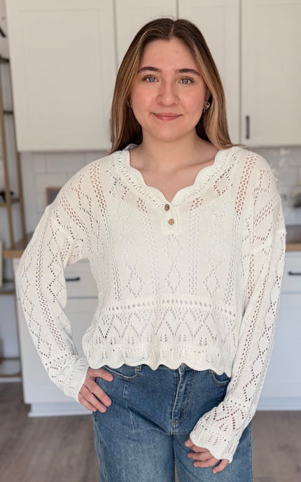 Cotton blend crochet sweater top with open stitch knit and scalloped edges