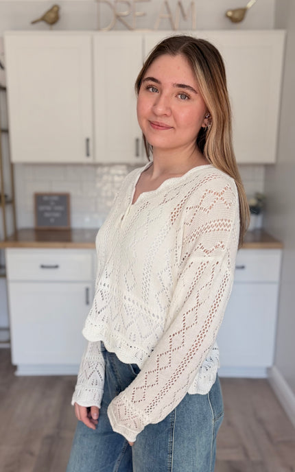 Cotton blend crochet sweater top with open stitch knit and scalloped edges