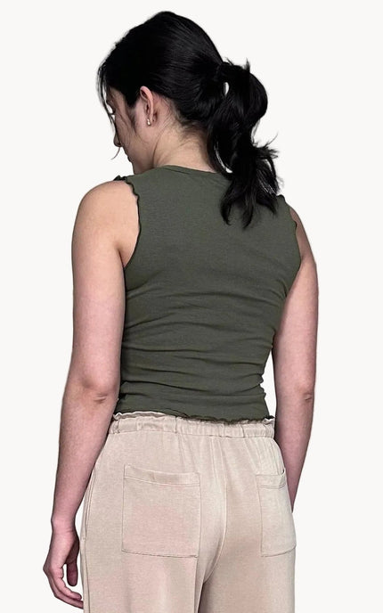 Back view of lightweight cotton spandex tank with clean, minimal silhouette