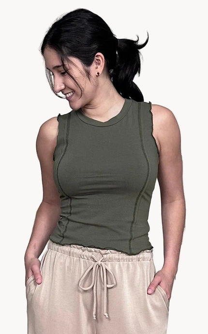 Lightweight cotton spandex sleeveless tank with crew neckline and slim fit
