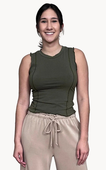Lightweight cotton spandex sleeveless tank with crew neckline and slim fit
