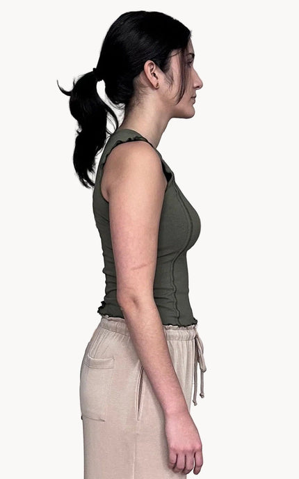 Side view of slim-fit cotton spandex layering tank
