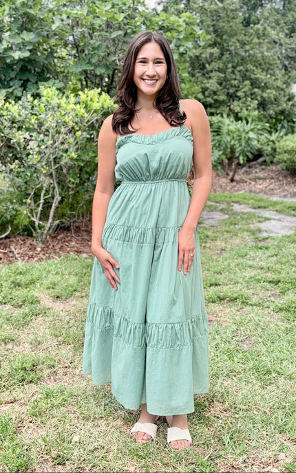 Feminine romantic cotton voile maxi dress with a softly gathered V-neckline and elastic waist on a model.