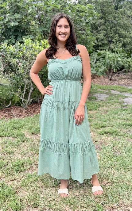 Feminine romantic cotton voile maxi dress with a softly gathered V-neckline and elastic waist on a model.