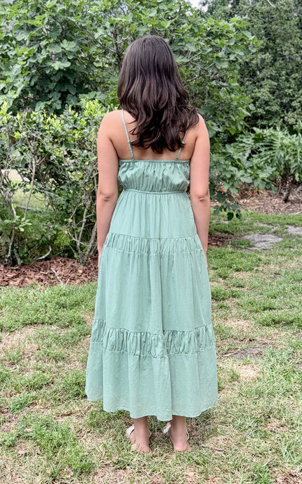 Back view of a tiered summer maxi dress showing adjustable spaghetti straps for a customizable fit.