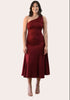 Cranberry Grace Dress with one-shoulder bow detail, slanted seamwork, and flared midi hem, designed for elegant movement, photographed on Soft Linen background.