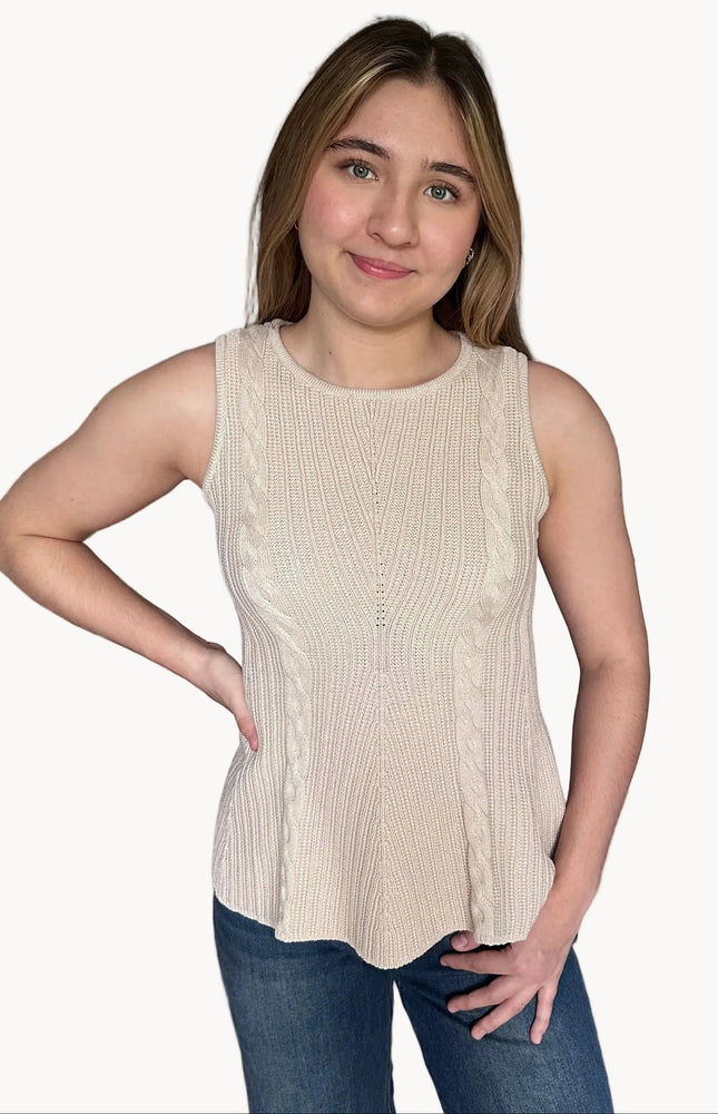 Deborah Top sleeveless cable knit peplum top with crew neckline