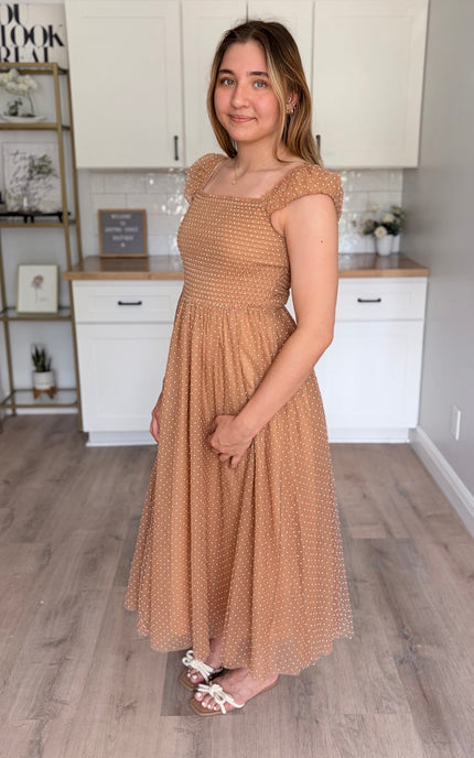 Feminine maxi gown with swiss dot mesh overlay and flowy silhouette