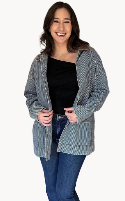 Denim barn coat with relaxed fit and corduroy collar