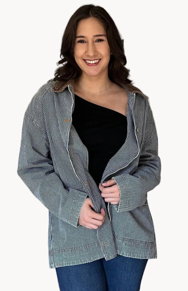 Denim barn coat with relaxed fit and corduroy collar