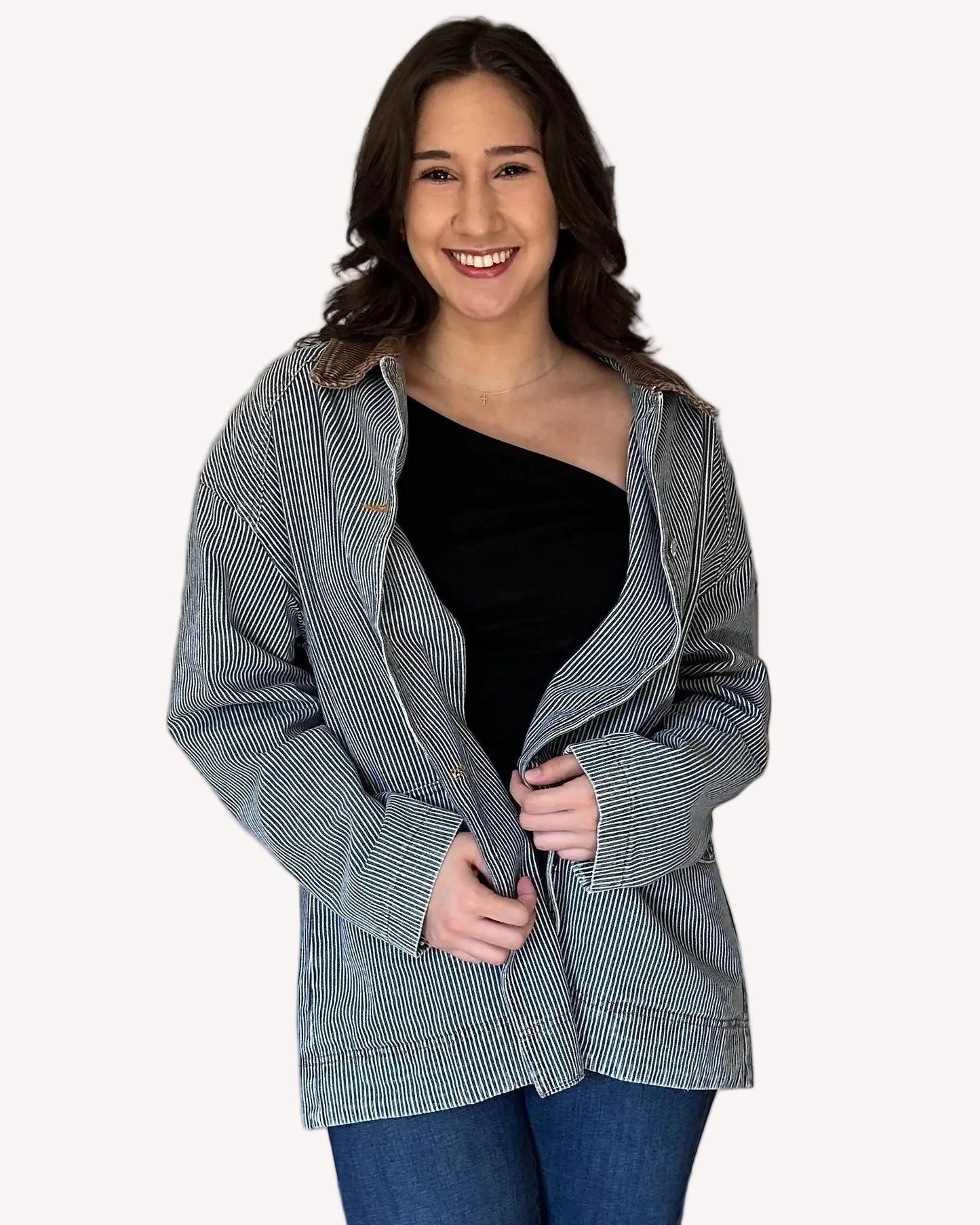 Denim barn coat with relaxed fit and corduroy collar