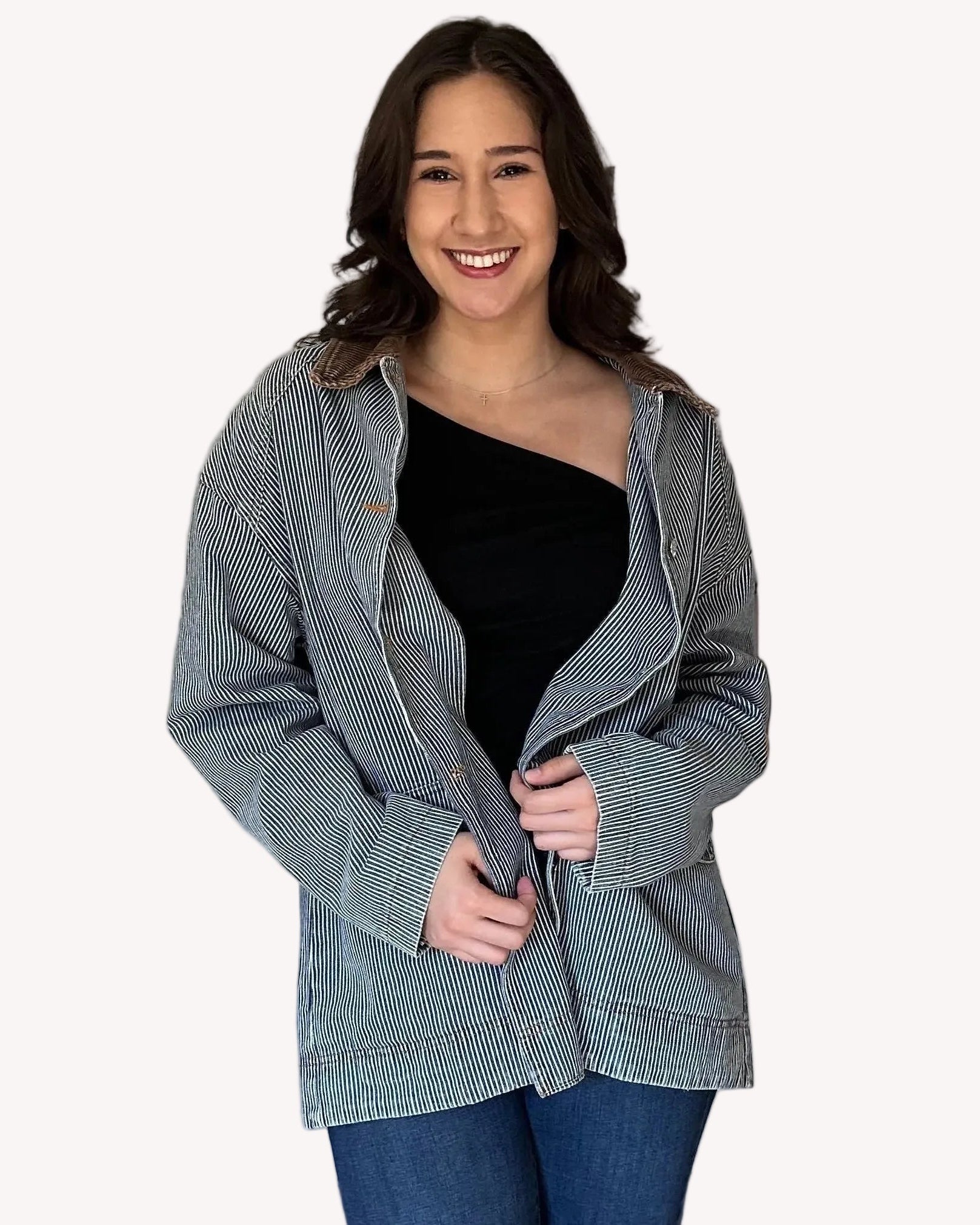 Denim barn coat with relaxed fit and corduroy collar