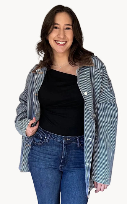 Vintage-inspired denim barn jacket with utility design