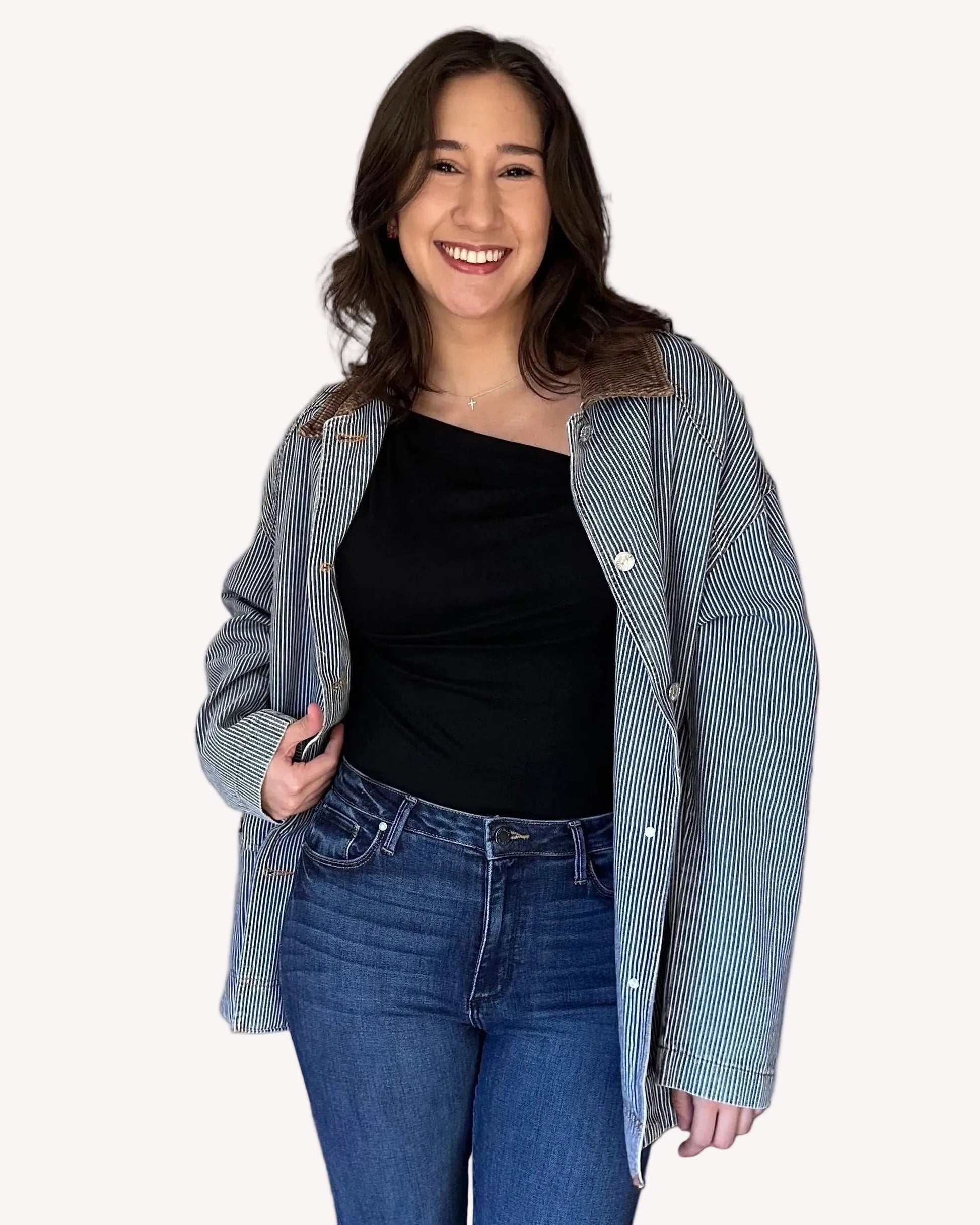 Vintage-inspired denim barn jacket with utility design