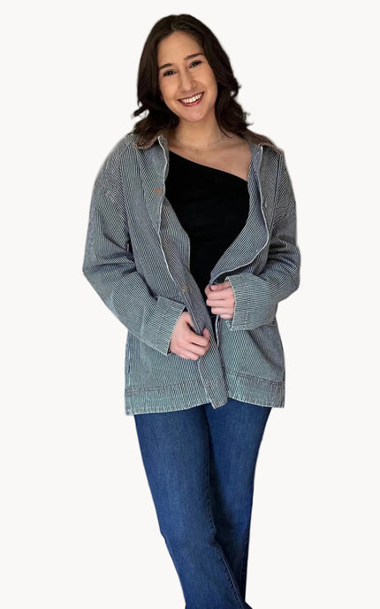 Vintage-inspired denim barn jacket with utility design