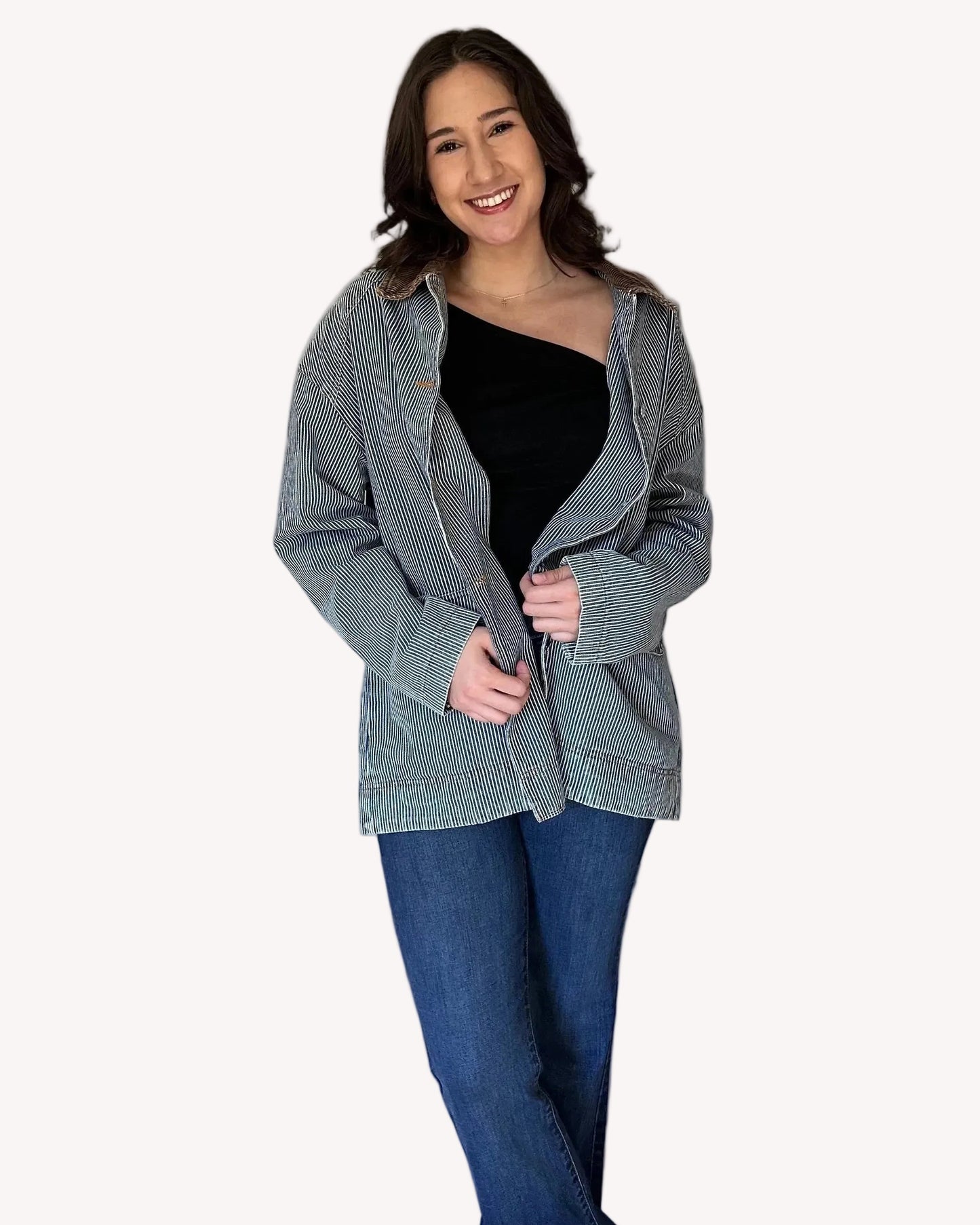 Vintage-inspired denim barn jacket with utility design