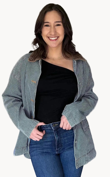 Denim barn coat with relaxed fit and corduroy collar