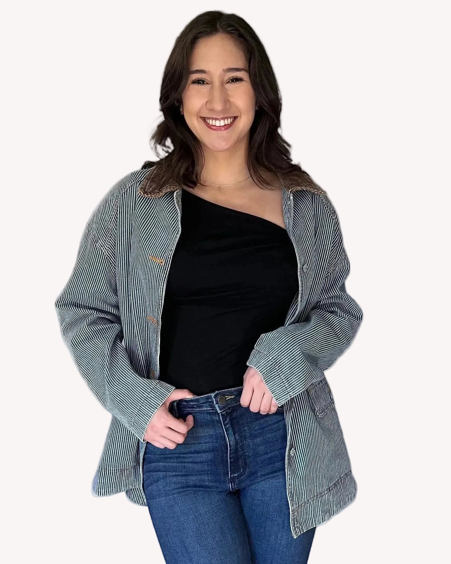 Denim barn coat with relaxed fit and corduroy collar