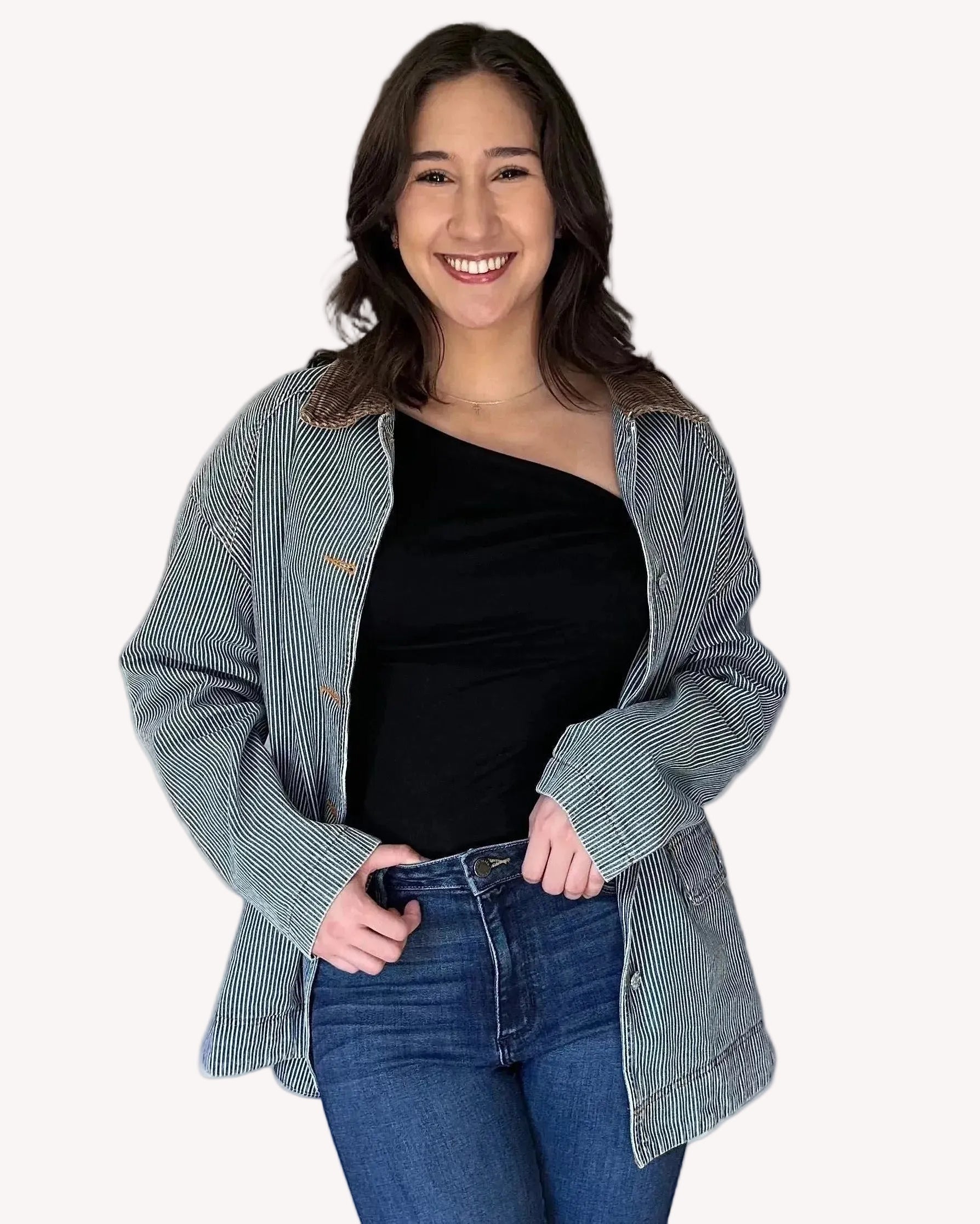 Denim barn coat with relaxed fit and corduroy collar