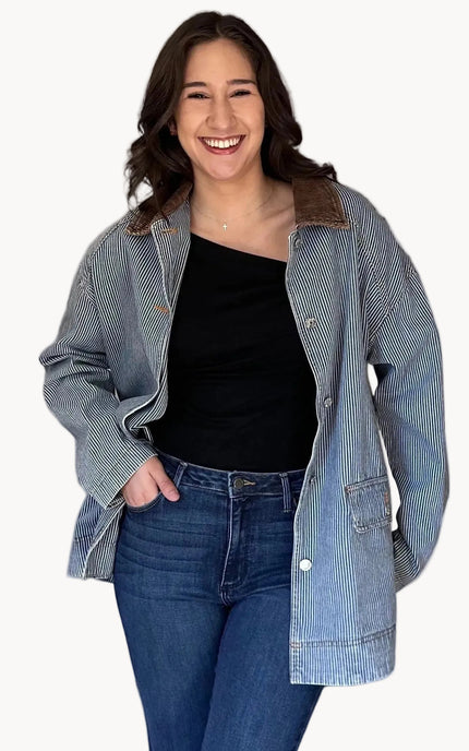 Relaxed fit denim barn coat designed for cool weather layering