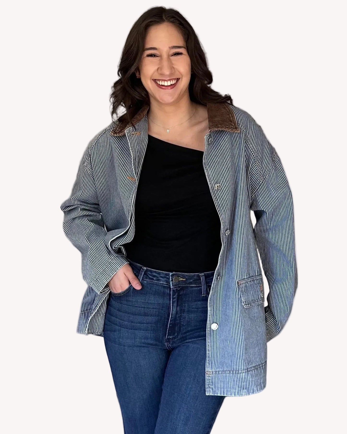 Relaxed fit denim barn coat designed for cool weather layering