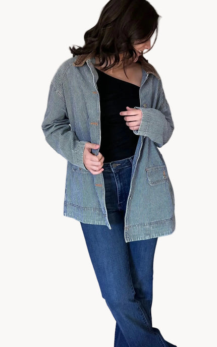 Relaxed fit denim barn coat designed for cool weather layering