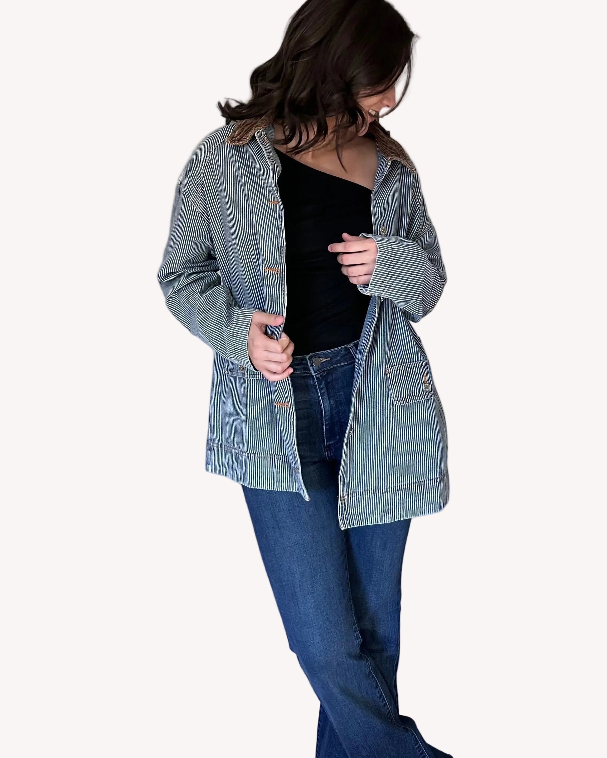 Relaxed fit denim barn coat designed for cool weather layering