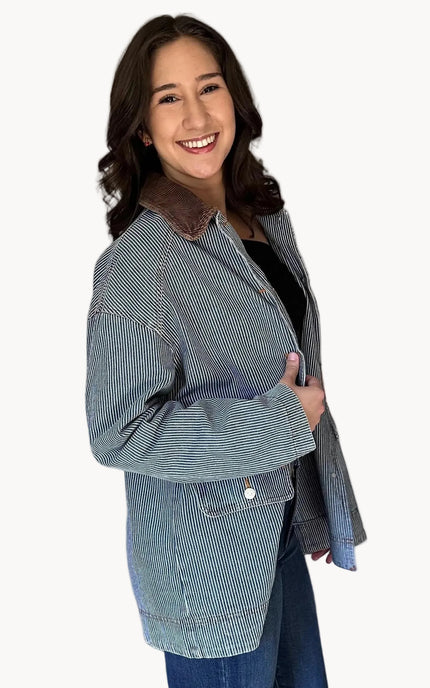 Corduroy collar detail on classic denim barn coat
