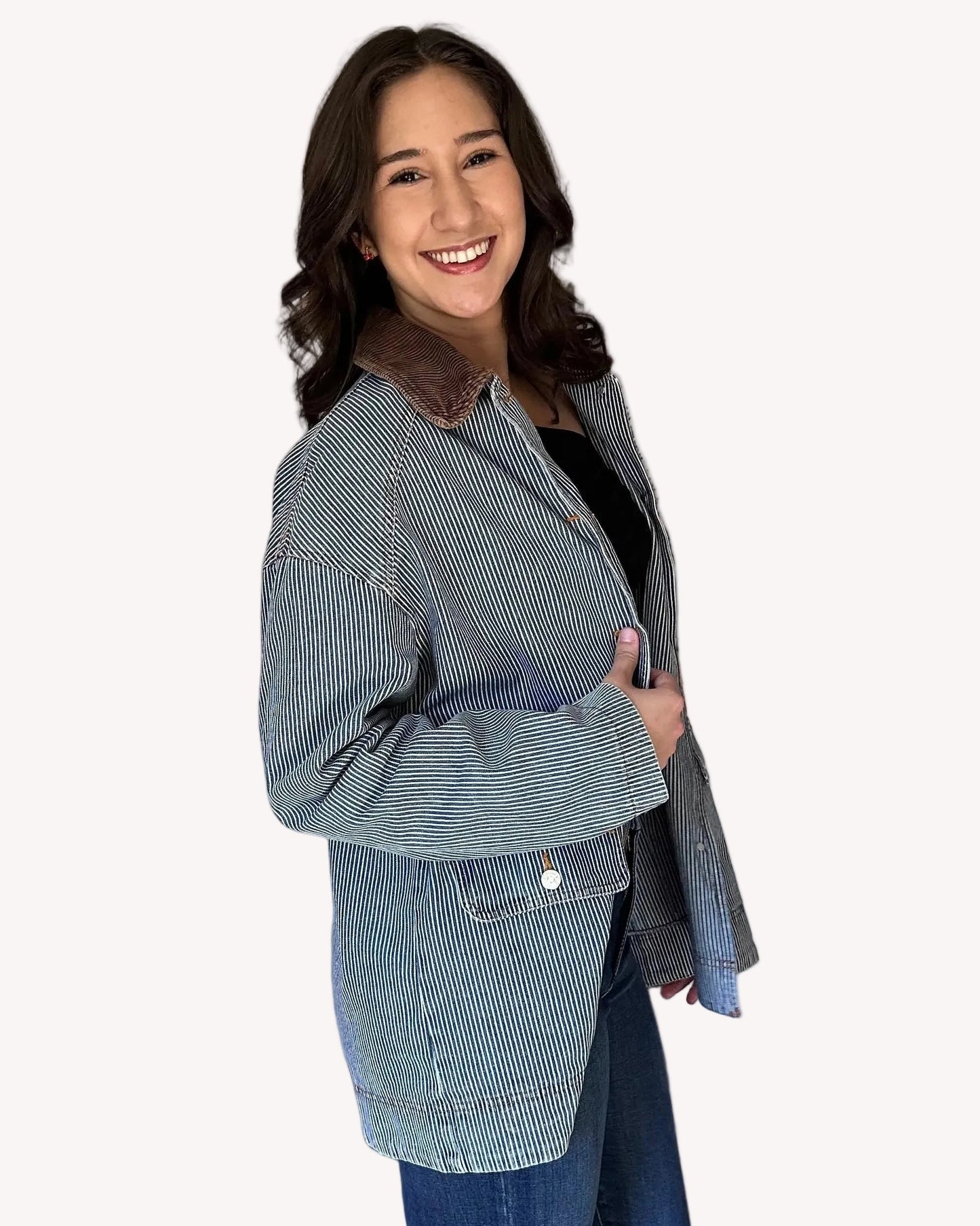 Corduroy collar detail on classic denim barn coat