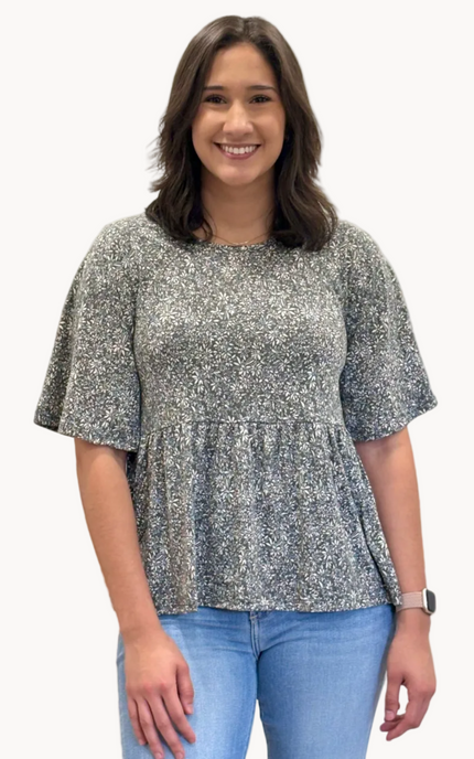 Ditsy Floral Babydoll Knit Top — soft floral print knit blouse with round neckline and ¾ sleeves from Justyna Grace Boutique.